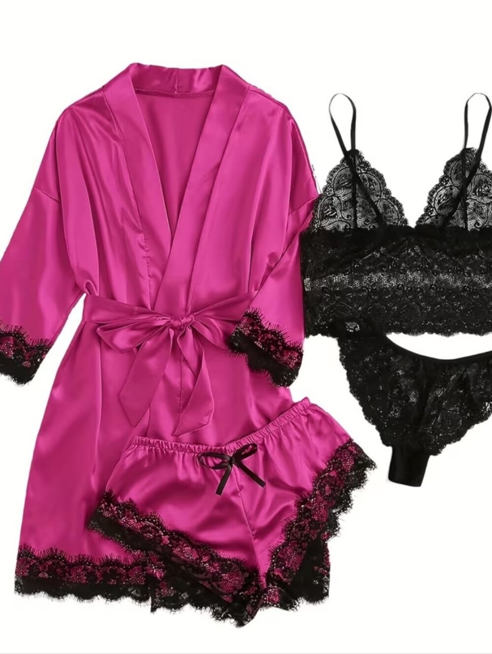 4pc Silky Hot Pink Satin Robe & Lace Sleep Set Bra Panties Boy Shorts